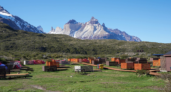 Torres del Paine Lake Chile - October 22, 2023: Camping site in Torres del Paine national park. Patagonia, Chile