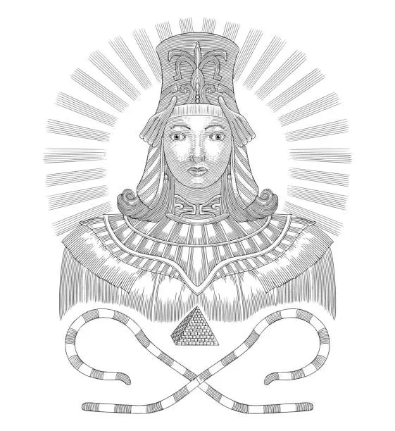 Vector illustration of Princess Cleopatra, egyptian goddess, Vintage engraving drawing style illustration
