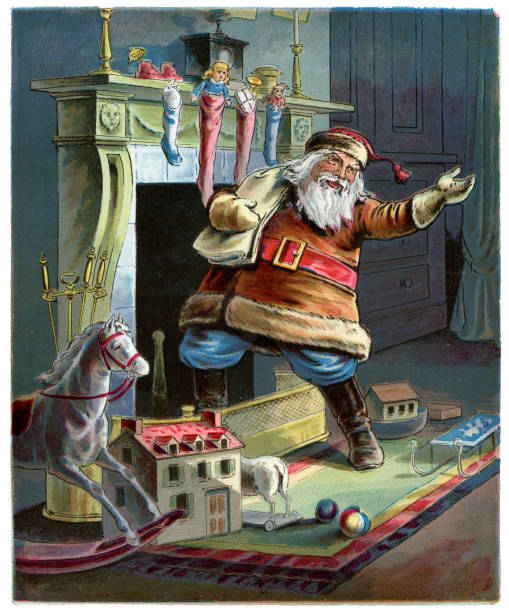 father christmas aufwärts der chimney - victorian style engraving engraved image photography stock-grafiken, -clipart, -cartoons und -symbole