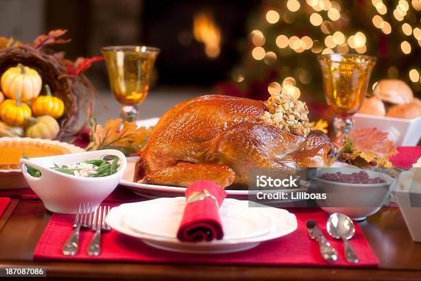 Thanksgiving Dinner Stock Photo - Download Image Now - Thanksgiving - Holiday, Fireplace, Dinner