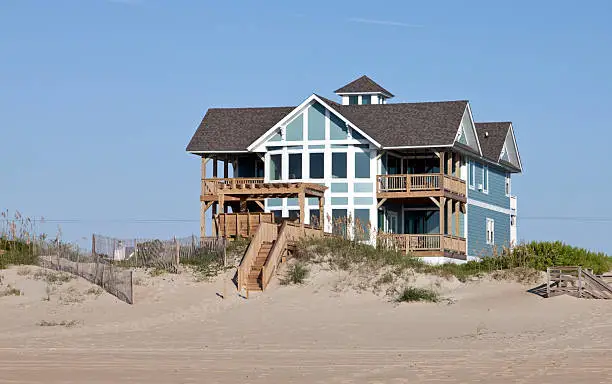 Ocean front summer vacation rental under a blue sky. Outer Banks. North Carolina. Horizontal]-For more bodies of water images, click here.  OCEAN LAKE RIVER and SHORE