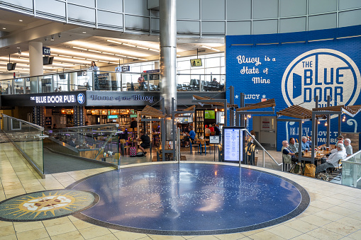 Evenes, Norway - March 3, 2015: Terminal with shops at Harstad Narvik Airport in Evenes, Norway