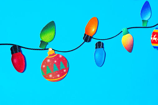 Sticker Christmas Ornaments on Turquoise Background