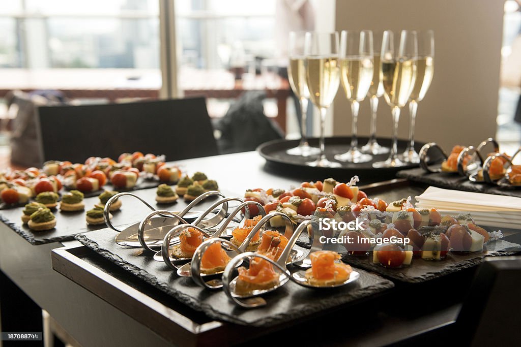 Champagne reception Reception drinks and luxury canapé indoors. Appetizer Stock Photo