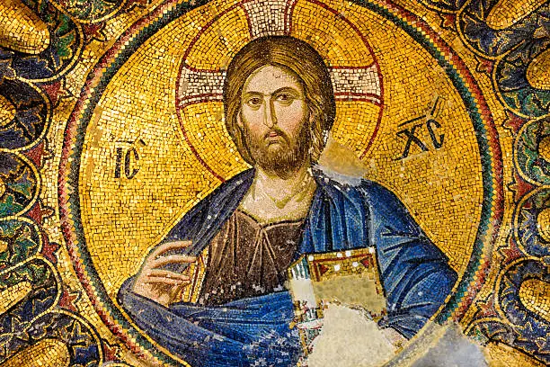 Mosaic of Jesus Christ (13th century), found in the church of Hagia Sophia in Istanbul, Turkey.