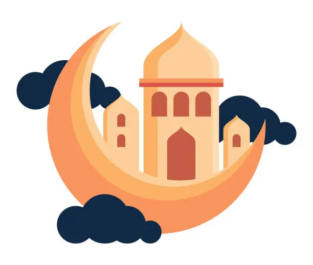 Vector illustration of muslim mosque tower in crescent moon