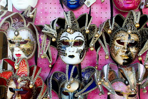 Colorful carnival masks at a traditional festival in Venice, Italy. February 20, 2023.