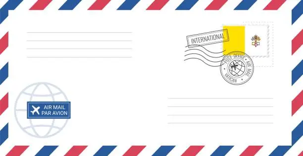 Vector illustration of Blank air mail envelope with Vatican postage stamp. Postcard vector illustration with national flag of the Vatican City isolated on white background.