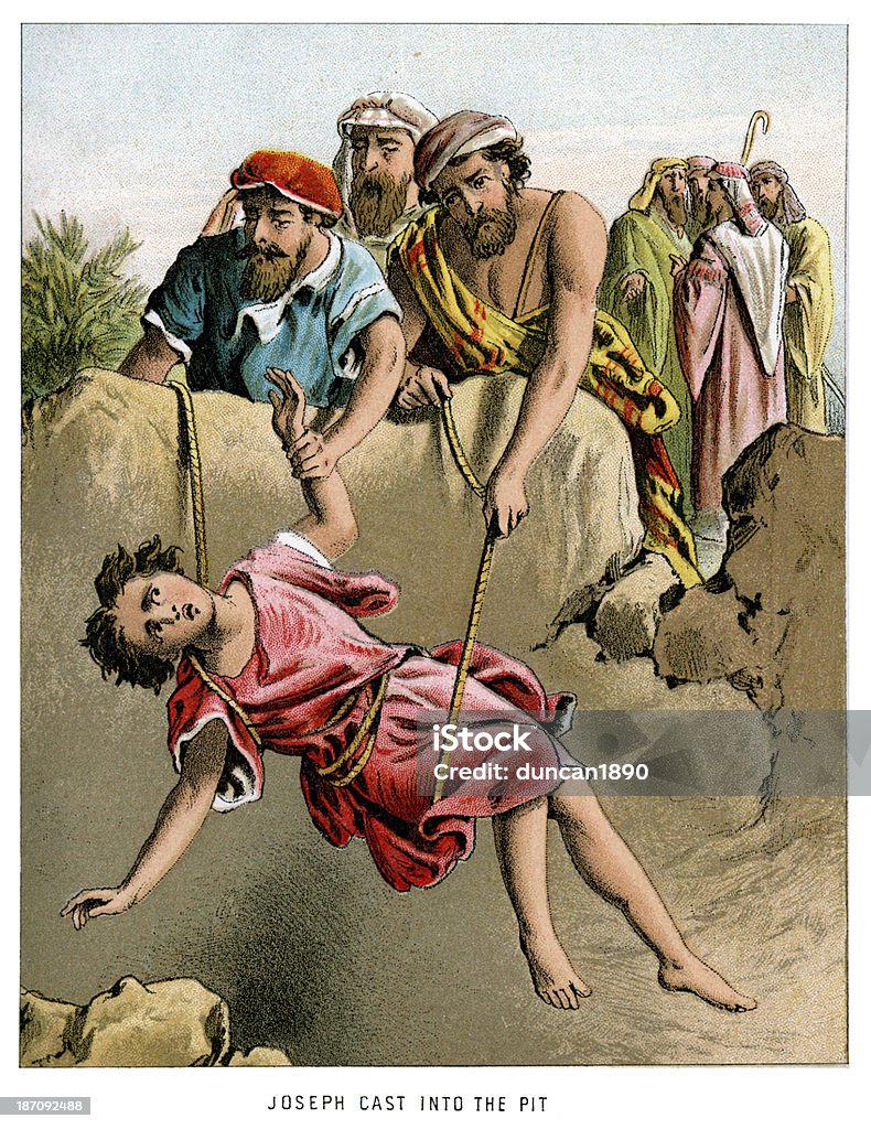 Joseph cast into the Pit Vintage colour lithograph from 1882 of a scene from the Old Testament, Joseph cast into the Pit Old Testament stock illustration