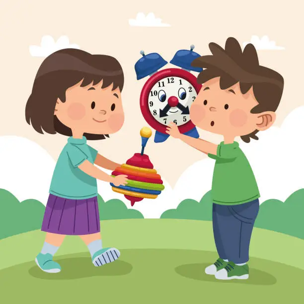 Vector illustration of kids couple playing in camp