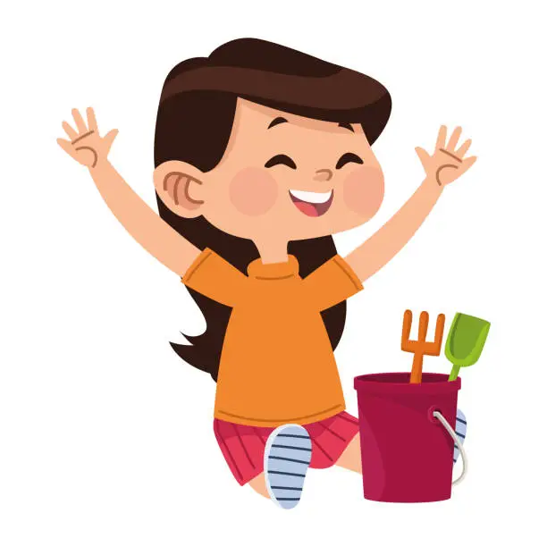 Vector illustration of girl playing with sand bucket