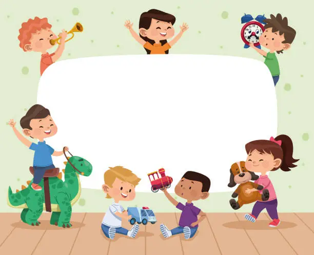 Vector illustration of seven kids playing