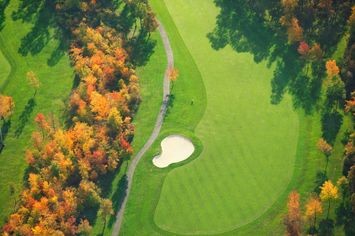 Aerial view of Minnesota golf course during autumn