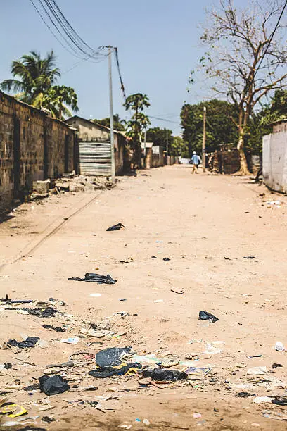 Ghetto streets covered with garbage.