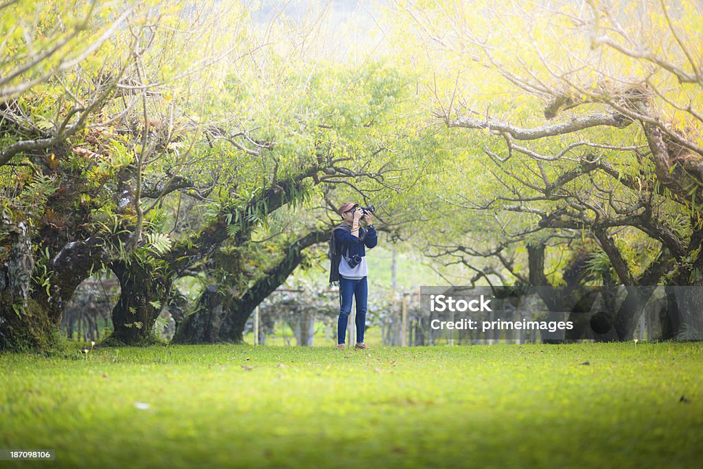 Traveller com câmera em montanhas. - Foto de stock de Adolescente royalty-free