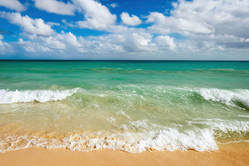 Beautiful beach and waves of Caribbean sea. Riviera Maya, Mexico