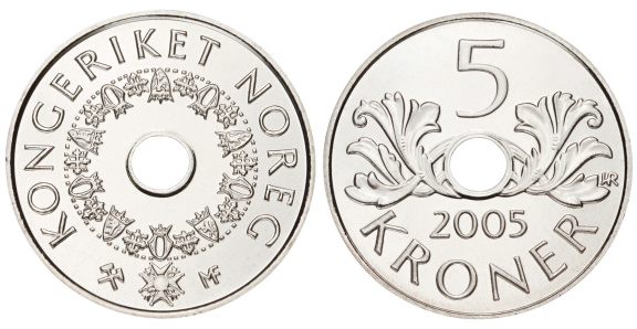 Norwegian 5 Krone coin isolated on white with clipping path
