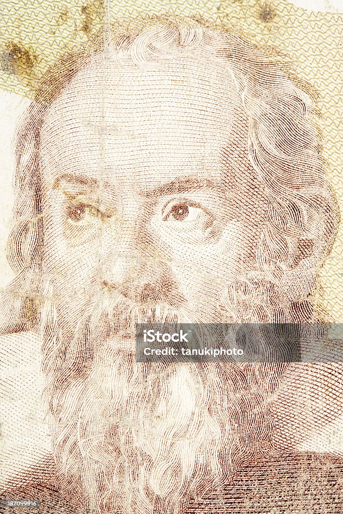 Galileo Galilei on Banknote Portrait of Galileo Galilei on an old banknote. Galileo Galilei Stock Photo
