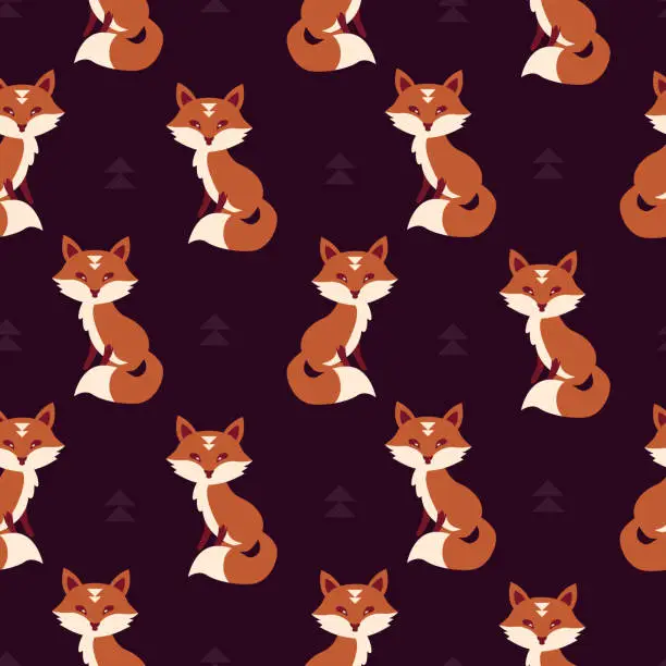 Vector illustration of Cute Foxes and forest plants Elements. Wild Animal in the woods. Purple and orange repeat design for wallpaper, fabric background.