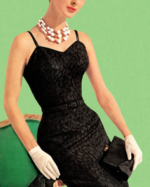 kobieta na sobie czarną sukienkę - pearl jewelry necklace women stock illustrations