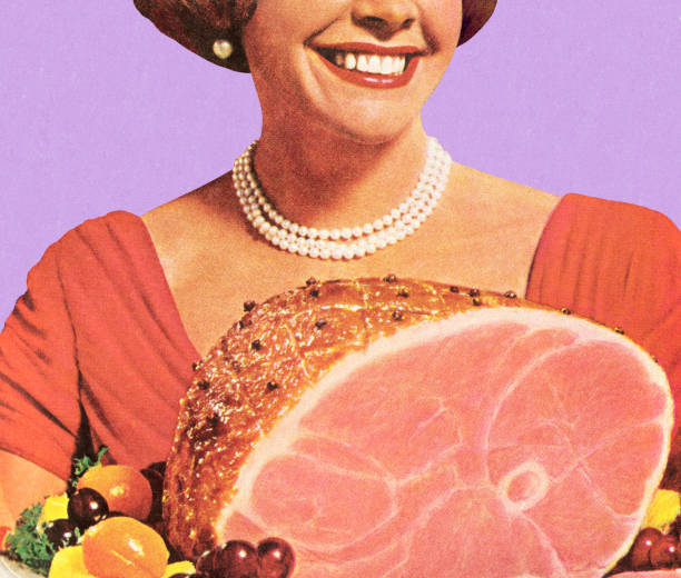 1950's housewife holding a ham dinner, smiling Woman With Ham stereotypical housewife stock illustrations