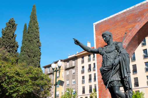 Ancient bronze statue of Augustus, emperor of the Roman Empire. This sculpture is located in the downtown of Zaragoza (called Caesaraugusta in the Roman era), Aragon (Spain).