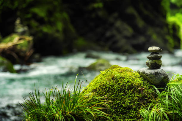 Stacked stones near a river, meditation Japan