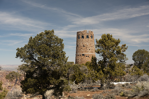 Desert View Watchtower Rises Among The Trees On The South Rim of the Grand Canyon