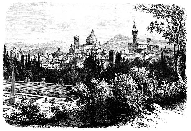 ilustraciones, imágenes clip art, dibujos animados e iconos de stock de 19 th century grabado de florencia, italia - oltrarno