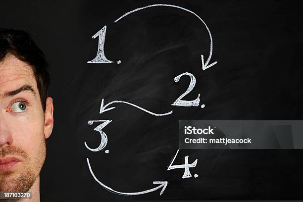 Młody Człowiek Z Schemat - zdjęcia stockowe i więcej obrazów Burza mózgów - Burza mózgów, Decyzje, Diagram