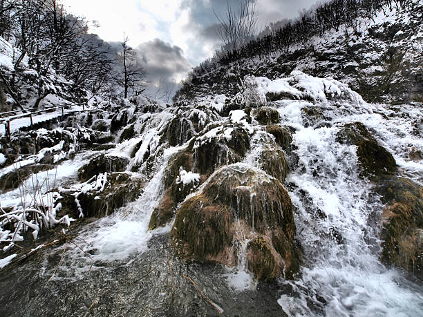 어둡습니다 구름이 - plitvice lakes national park croatia winter sparse 뉴스 사진 이미지
