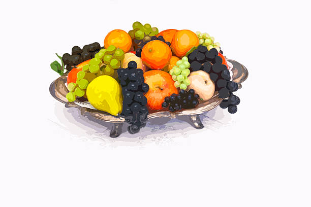 Antique Fruit Bowl Vector image of an antique silver fruit dish with grapes, apples, pears, oranges and peaches. antique fruit bowl stock pictures, royalty-free photos & images