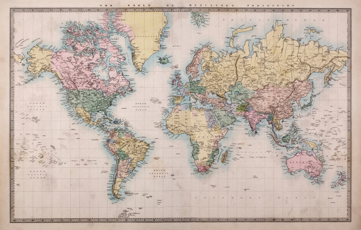 Antiguo mapa mundial en Mercators proyección photo