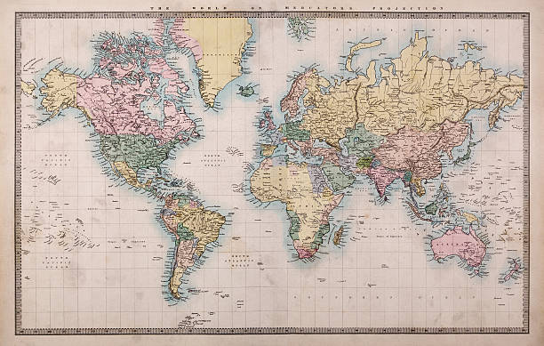 vieille carte du monde sur mercators de projection - image du xixème siècle photos et images de collection