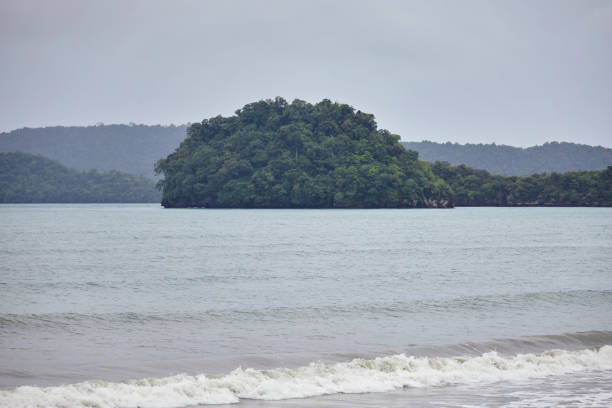 Wave on the beach with tropical island