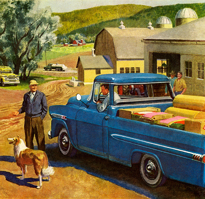 Farm Scene With Blue Vintage Truck