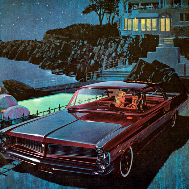 пара в бордовый винтажный автомобиль ночью - colored background adult photography color image stock illustrations