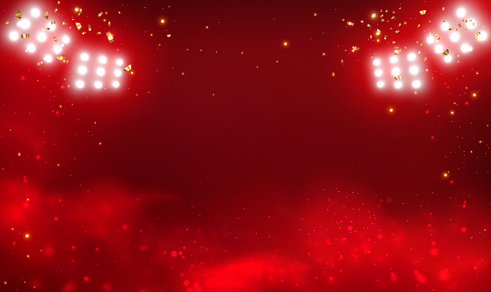Empty scene background with red smoke spotlights. Abstract red smoke mist fog background with gold glitter sparkle. Red stage studio with smoke float up the interior texture for display products. Vector EPS10