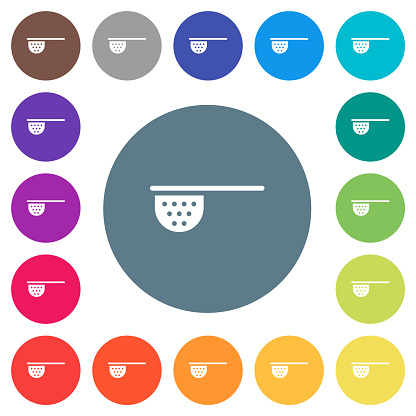 Tea stainer flat white icons on round color backgrounds. 17 background color variations are included.