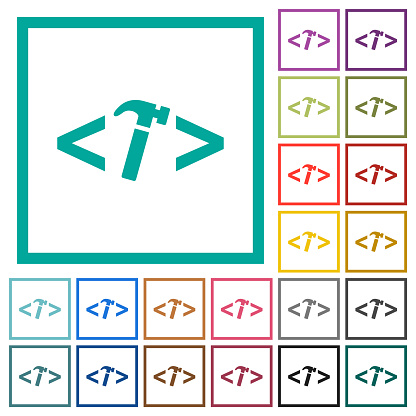 Web development with hammer flat color icons with quadrant frames on white background