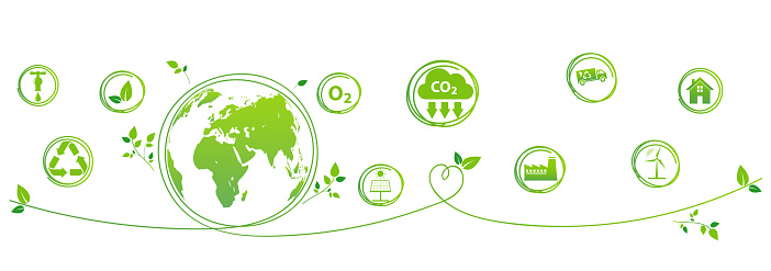 Green banner design for World environment, Sustainability development, Ecology, Eco friendly, Reduction of carbon emissions, Net zero, Vector illustration