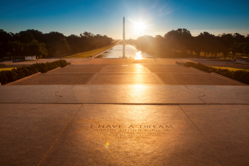 Martin Luther King I have a dream quote on the steps of the Lincoln Memorial on The National Mall Washington DC USA