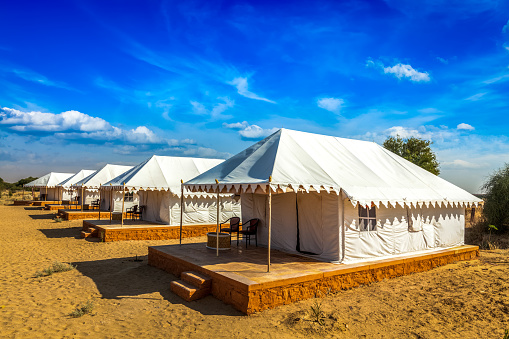 Tent camp in Thar desert in Jaisalmer, Rajasthan, India.