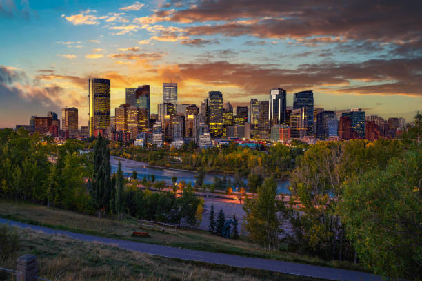 istock Sunset above city skyline of Calgary with Bow River, Canada 1871082472