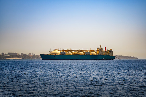 Large LNG carrier ship in sea. Liquefied gas tanker in the Atlantic Ocean near Dakar, Senegal, Africa.