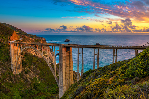 Bixby Bridge also known as Rocky Creek Bridge and Pacific Coast Highway at sunset near Big Sur in California, USA.