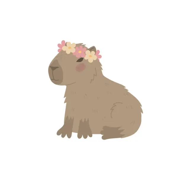 Vector illustration of Cute capybara in a wreath of flowers