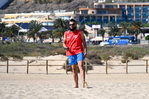 Jandia , Spain, November 27, 2023 - Lifeguard in Jandia at Matorral Beach, Fuerteventura, Canary Islands, Spain.