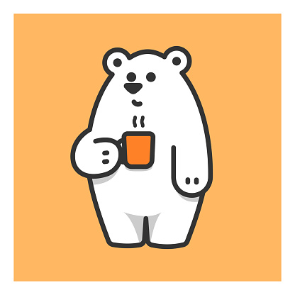 Cute polar bear with cup of hot drink, white bear with coffee, vector illustration.