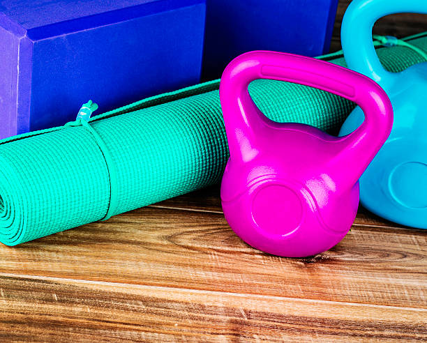 istock Yoga Mat, Blocks and Kettle Bells 187108293